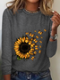 Crew Neck Long Sleeve Floral Regular Medium Elasticity Loose T-shirts For Women