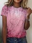 Vintage Valentine's Day Heart Sequin Pattern Crew Neck Short Sleeve T-shirt
