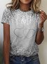 Vintage Valentine's Day Heart Sequin Pattern Crew Neck Short Sleeve T-shirt