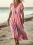 Women Tie Dye V Neck Short Sleeve Comfy Casual Printing Maxi Dress