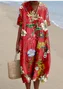 Women Tropical V Neck Short Sleeve Comfy Vintage Maxi Dress
