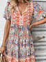 Women Floral Summer Printing Dress V Neck Short Sleeve A-Line Dress