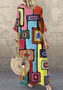 Women Geometric Crew Neck Short Sleeve Comfy Vintage Maxi Dress