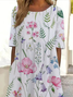 Women Floral Summer Printing Dress Crew Neck Short Sleeve Shift Dress H-Line Dress