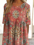 Women Floral Summer Printing Dress Crew Neck Short Sleeve Shift Dress H-Line Dress