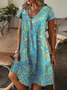 Women Floral Summer Printing Dress V Neck Short Sleeve T-Shirt Dress H-Line Dress
