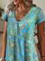 Women Floral Summer Printing Dress V Neck Short Sleeve T-Shirt Dress H-Line Dress