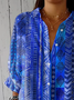 Shirt Collar Three Quarter Sleeve Geometric Printing Regular Loose Shirt For Women