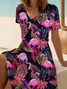 Women Flamingo Summer Printing Dress V Neck Short Sleeve Fit & Flare Dress A-Line Dress