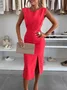 Women Plain Summer Split Joint Dress Crew Neck Short Sleeve Tank A-Line Dress