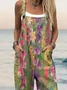 Women Floral Square Neck Gallus Casual Summer Cotton And Linen Jumpsuit