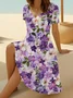 Women Floral Summer Printing Dress V Neck Short Sleeve Fit & Flare Dress A-Line Dress