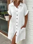 Women Plain All Season Dress Shawl Collar Short Sleeve Shirt Dress H-Line Dress