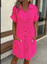 Women Plain All Season Dress Shawl Collar Short Sleeve Shirt Dress H-Line Dress