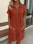 Women Plain All Season Dress Shawl Collar Short Sleeve Shirt Dress H-Line Dress