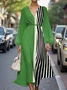Women Striped Puff Sleeve Spring/Fall Dress V Neck Long Sleeve A-Line Dress