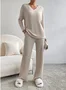 Women Plain Embossed Two-Piece Set Daily Long Sleeve Casual Spring/Fall Top With Pants Matching Set