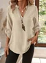 V Neck Three Quarter Sleeve Plain Split Joint Regular Micro-Elasticity Loose Tunic Shirt For Women