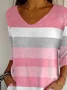Casual Striped V Neck Three Quarter Sleeve T-shirt