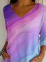 Casual Abstract V Neck Three Quarter Sleeve T-shirt