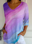 Casual Abstract V Neck Three Quarter Sleeve T-shirt