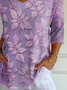 Casual Floral V Neck Three Quarter Sleeve T-shirt