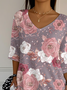 Casual Floral V Neck Three Quarter Sleeve T-shirt