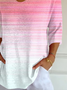 Casual Abstract Stripes V Neck Three Quarter Sleeve T-shirt