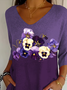 Casual Floral V Neck Three Quarter Sleeve T-shirt