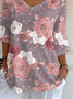 Casual Floral V Neck Three Quarter Sleeve T-shirt