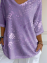 Casual Floral V Neck Three Quarter Sleeve T-shirt