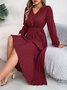 Women Plain Spring/Fall Dress V Neck Long Sleeve A-Line Dress