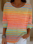 Vintage Striped V Neck Three Quarter Sleeve T-shirt