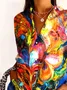 Women's Shirt Cotton Button Up Butterfly Floral Art Print Basic Blouse Casual Long Sleeve Shirt Collar Daily Top