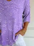 Casual 3D Floral Print V Neck 3/4 Length Sleeve T-shirt