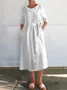 Women Plain Spring/Fall Buttoned Dress Crew Neck Long Sleeve A-Line Dress