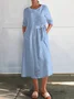 Women Plain Spring/Fall Buttoned Dress Crew Neck Long Sleeve A-Line Dress