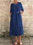 Women Plain Spring/Fall Buttoned Dress Crew Neck Long Sleeve A-Line Dress