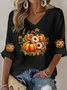 Halloween Pumpkin Floral Art Print V Neck 3/4 Length Sleeve T-shirt