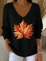 Women Cotton Maple Leaf Retro Ethnic Print Long Sleeve Comfy Sweater