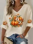 Halloween Pumpkin Floral Art Print V Neck 3/4 Length Sleeve T-shirt