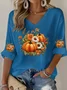 Halloween Pumpkin Floral Art Print V Neck 3/4 Length Sleeve T-shirt