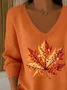 Women Cotton Maple Leaf Retro Ethnic Print Long Sleeve Comfy Sweater