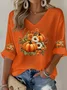 Halloween Pumpkin Floral Art Print V Neck 3/4 Length Sleeve T-shirt