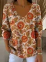 Women's Ethnic Floral Autumn Art Pattern Print Casual V Neck Pullover Blouse