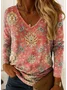 V Neck Long Sleeve Ethnic Regular Micro-Elasticity Loose Blouse For Women
