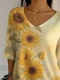 Vintage Sunflower Art Print Crew Neck 3/4 Length Sleeve T-shirt