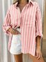 Shirt Collar Long Sleeve Striped Regular Micro-Elasticity Regular Fit Shirt For Women