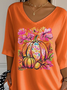 Casual Floral V Neck Three Quarter Sleeve T-shirt