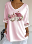 Casual Floral V Neck Three Quarter Sleeve T-shirt